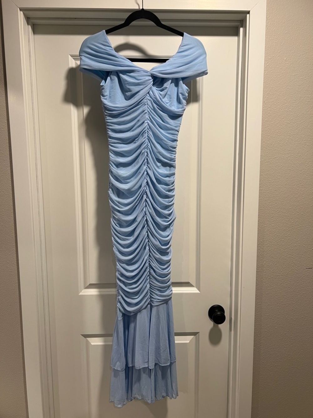 Light Blue Ruched Off-Shoulder Maxi Bodycon Dress Size M NWT